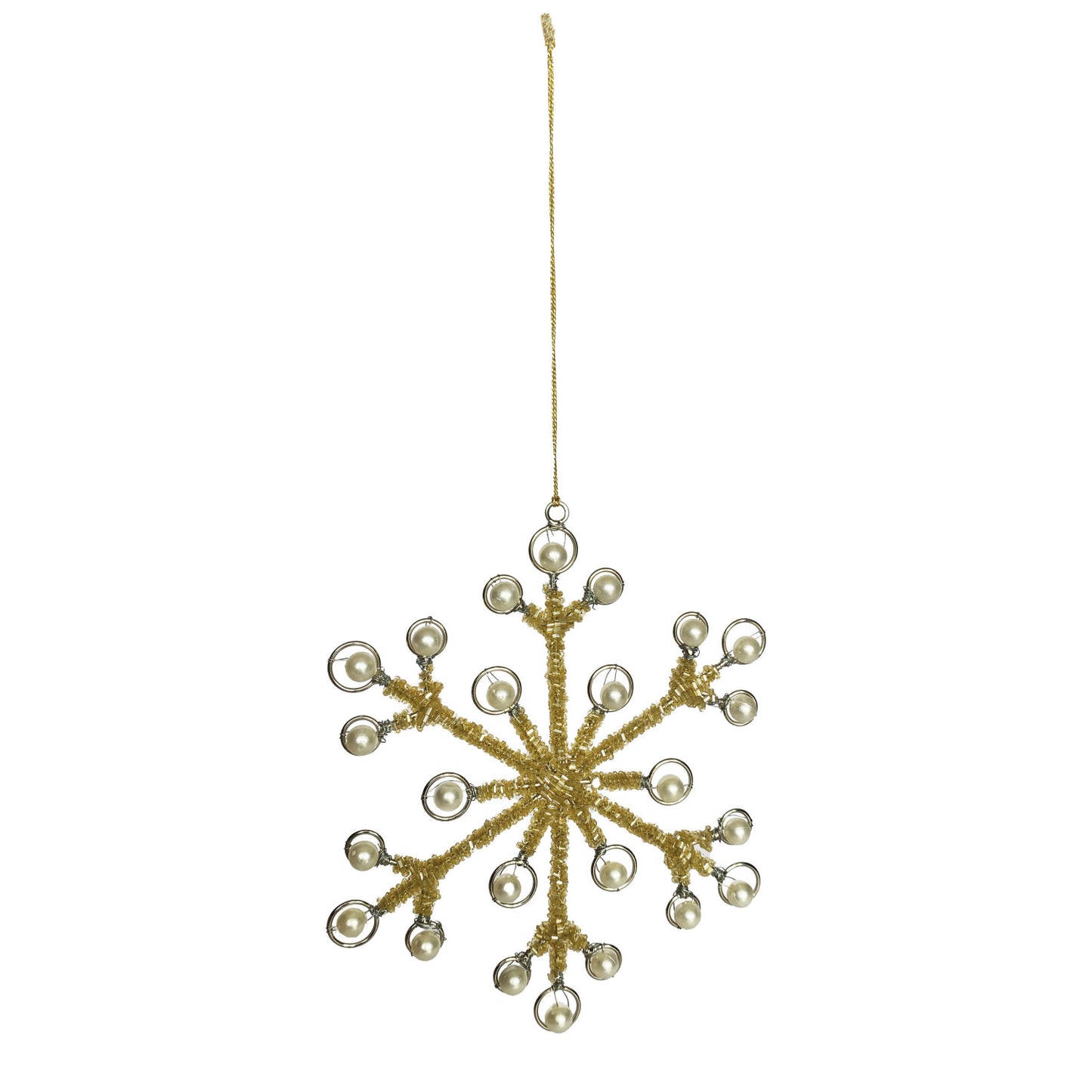 Metal Beaded Snowflake Ornament with Faux Pearls, Gold Finish