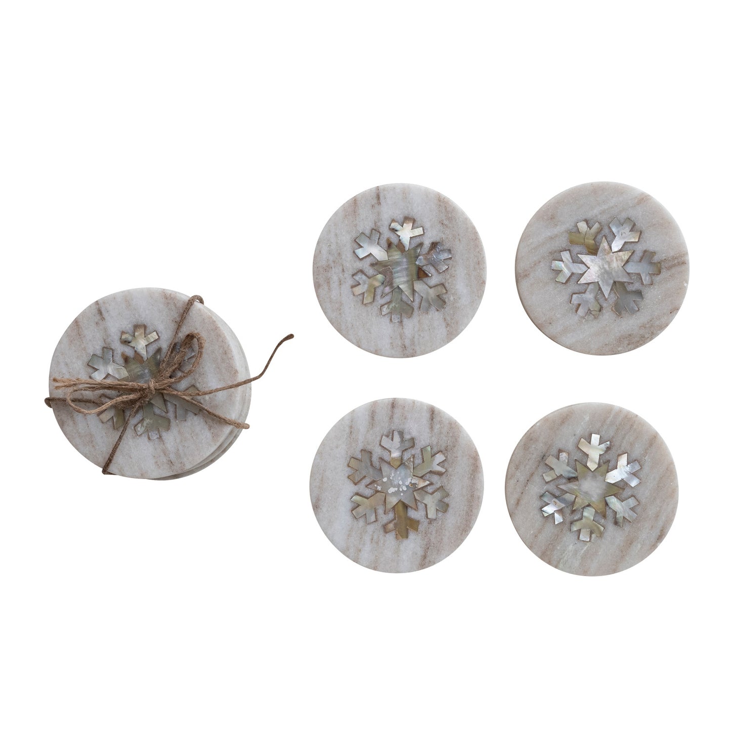 Marble Coasters with Mother of Pearl Snowflake Inlay, Set of 4 Tied with Jute