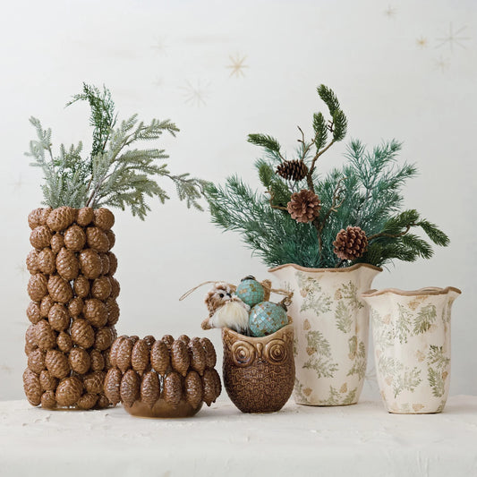 Stoneware Scalloped Planter/Vase with Transferware Pine Bough Pattern (Each One Will Vary)