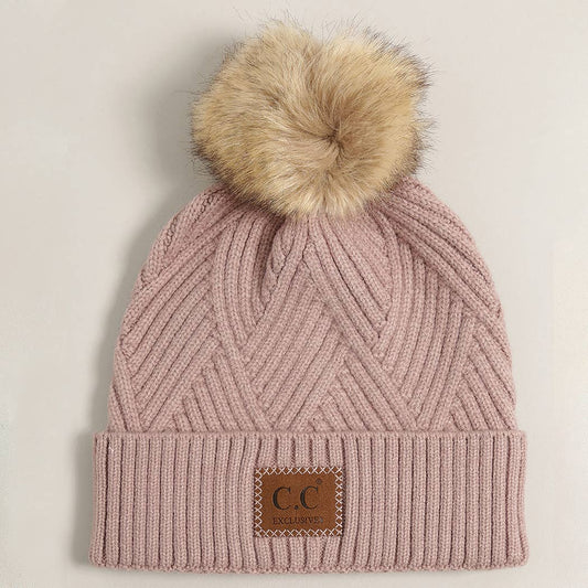 Heather Cuff Beanie with Pom-Pom: ONE SIZE / MAUVE MIX