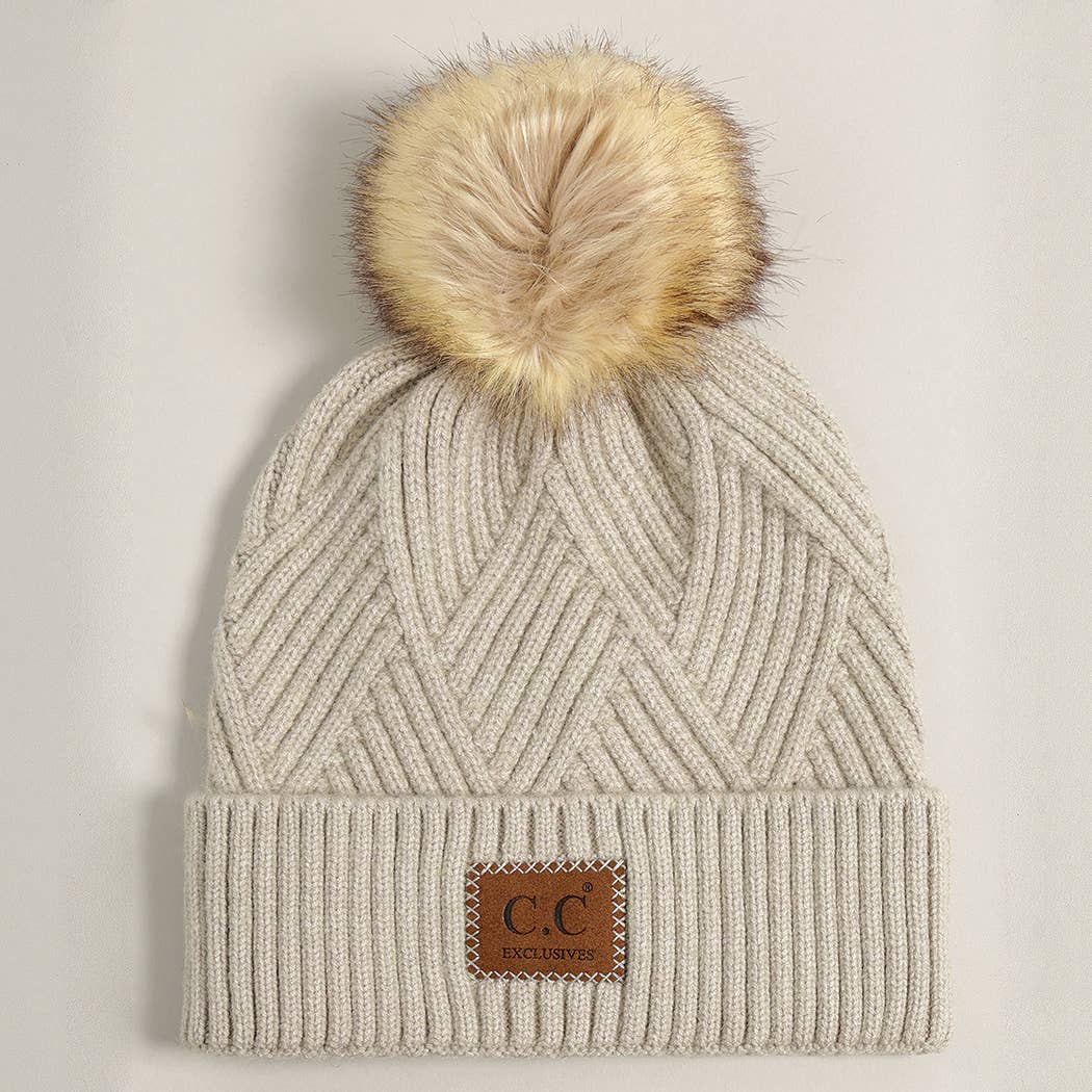 Heather Cuff Beanie with Pom-Pom: ONE SIZE / WARM GREY MIX